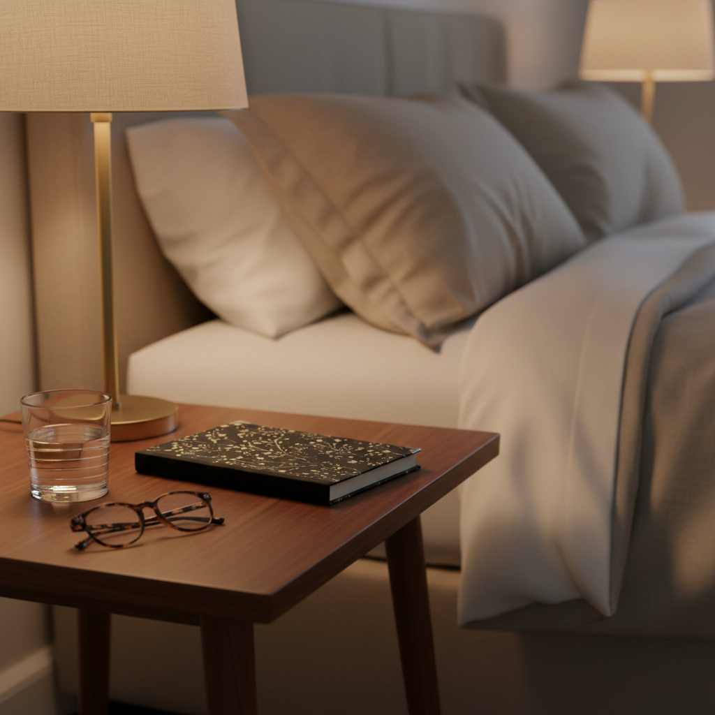 Wooden side table with a glass of water, book, and glasses in front of a cozy bed.