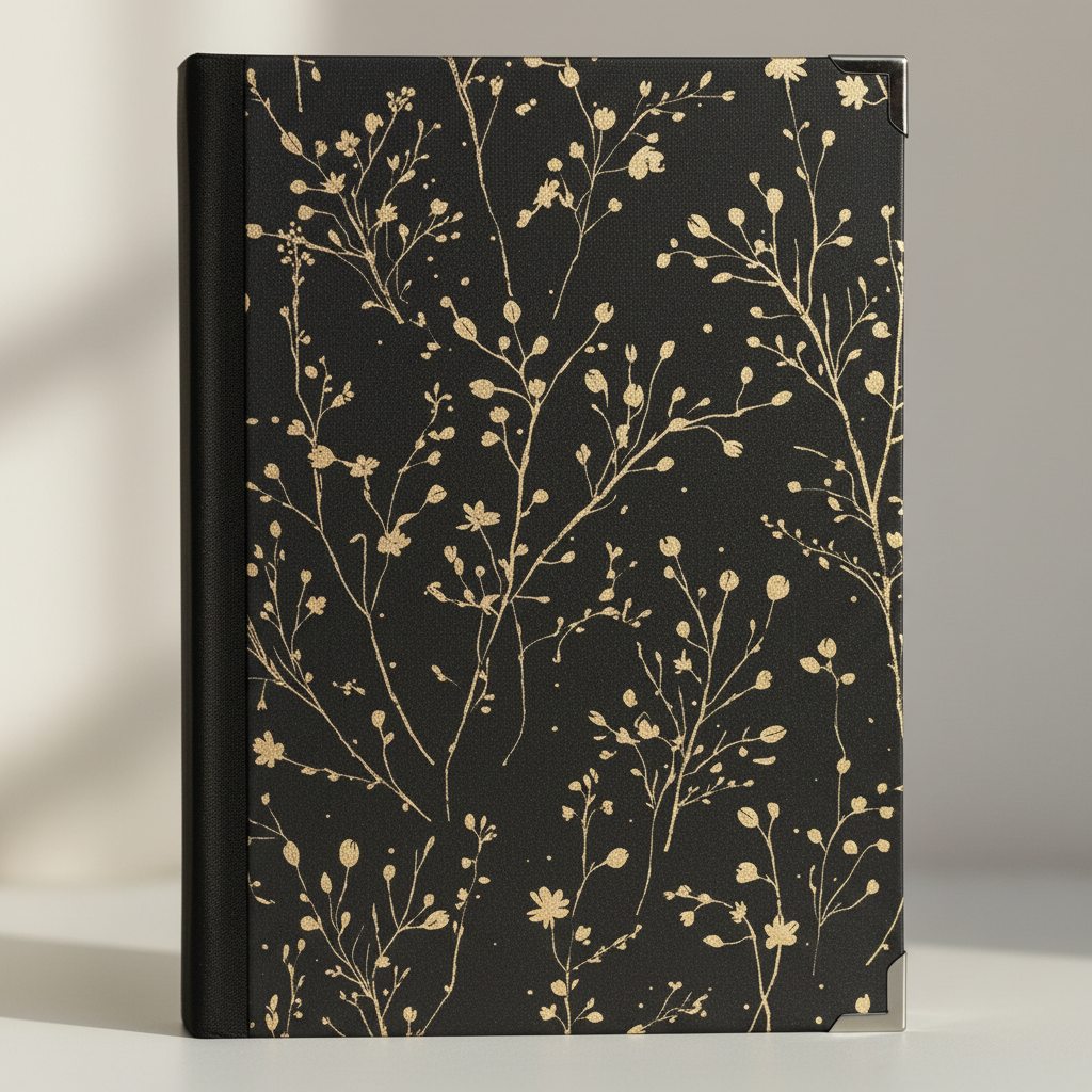 Black notebook with gold floral pattern on a neutral background