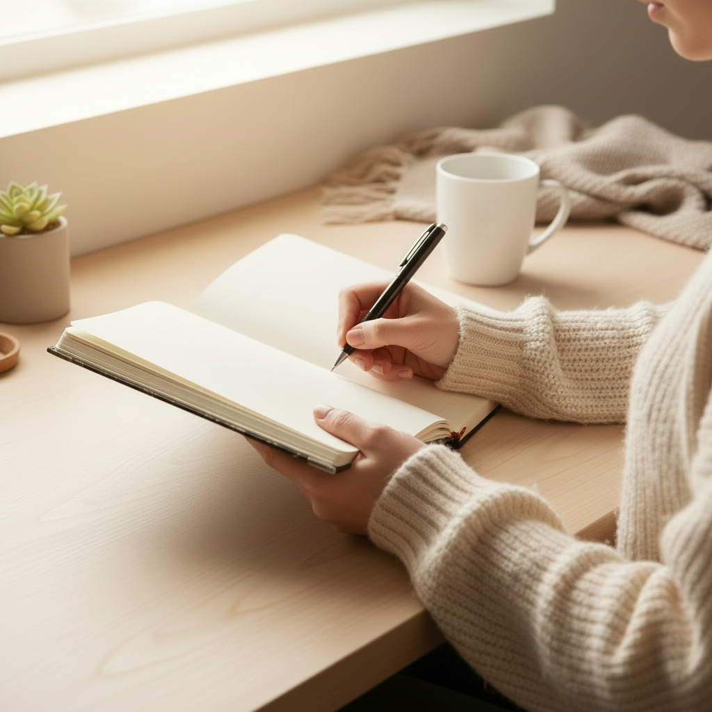 Person writing in a notebook with a cup of coffee and a plant on a wooden table.