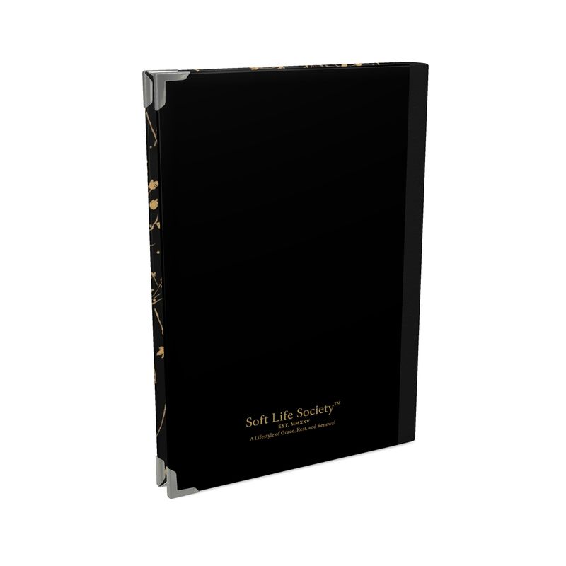 Black notebook with 'Soft Life Society' branding on a white background