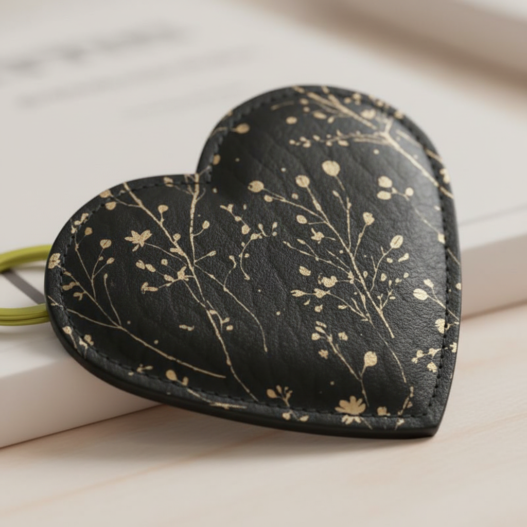 Heart-shaped black leather keychain with gold floral pattern on a light wooden surface