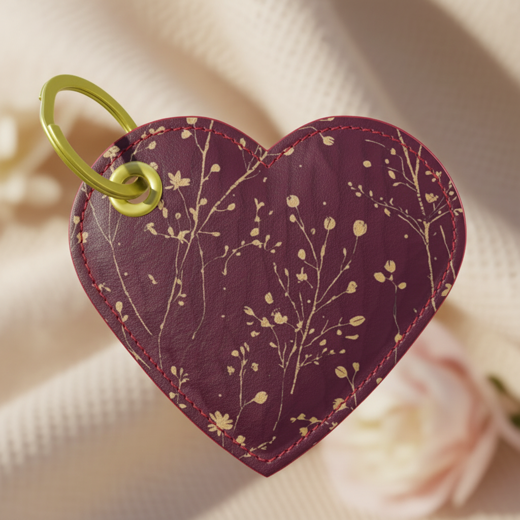 Heart-shaped keychain with floral pattern on a soft background