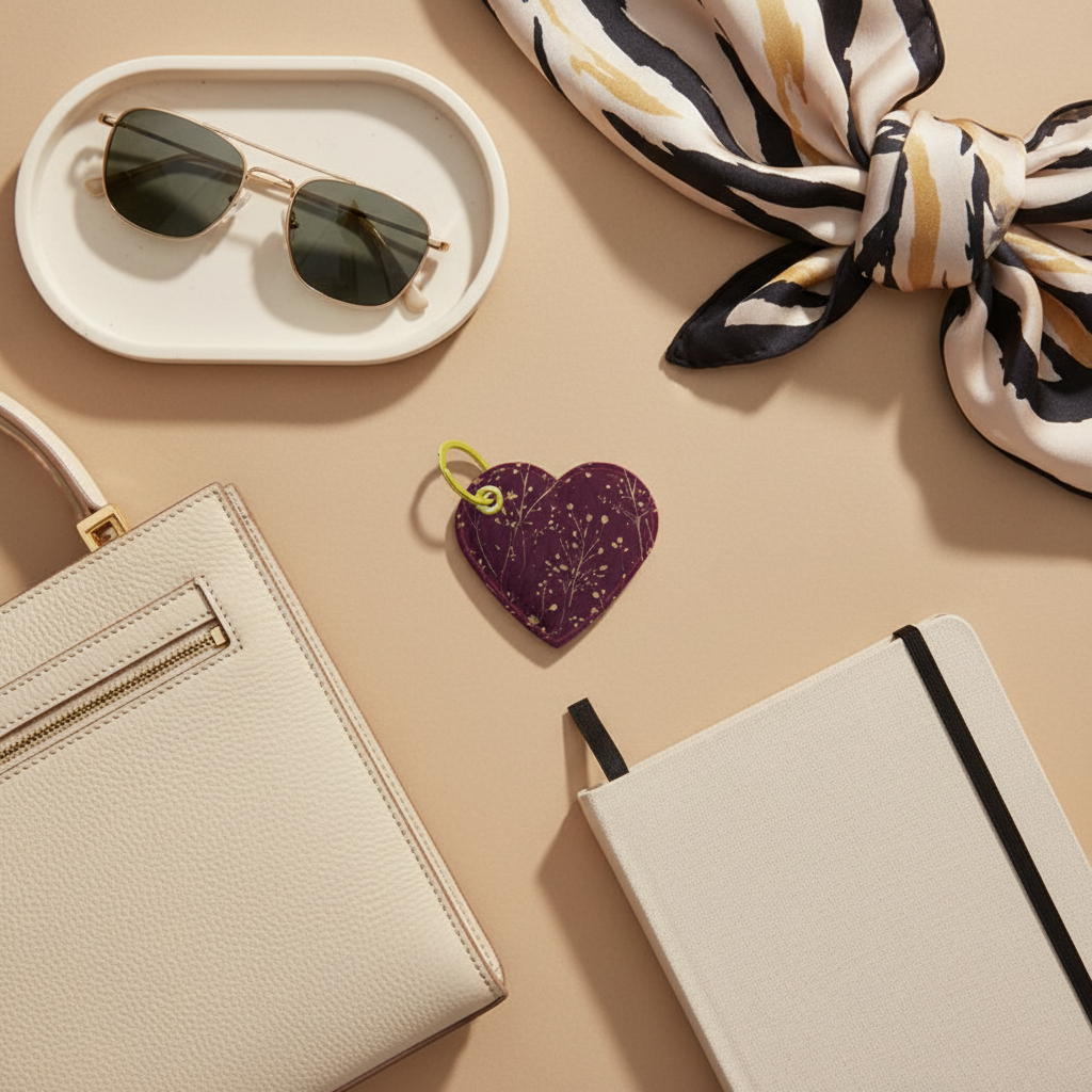 Flat lay of sunglasses, handbag, notebook, heart-shaped keychain, and scarf on a beige surface