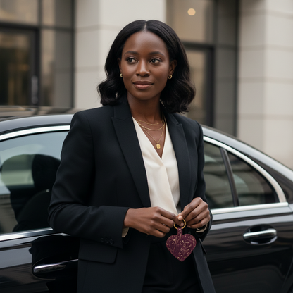 Woman in a black blazer holding a heart shaped leather keychain in front of a car.