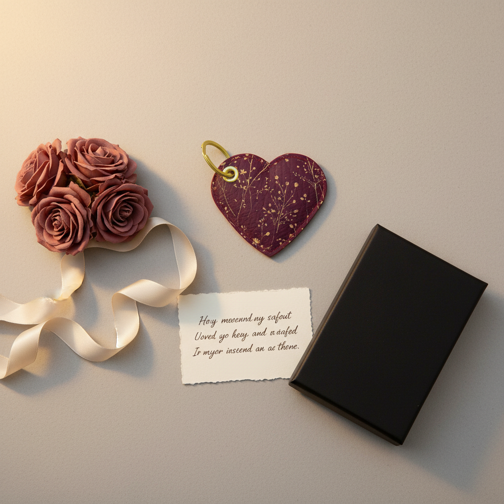 Heart-shaped decorative leather keychain, flowers, ribbon, and a card on a neutral background