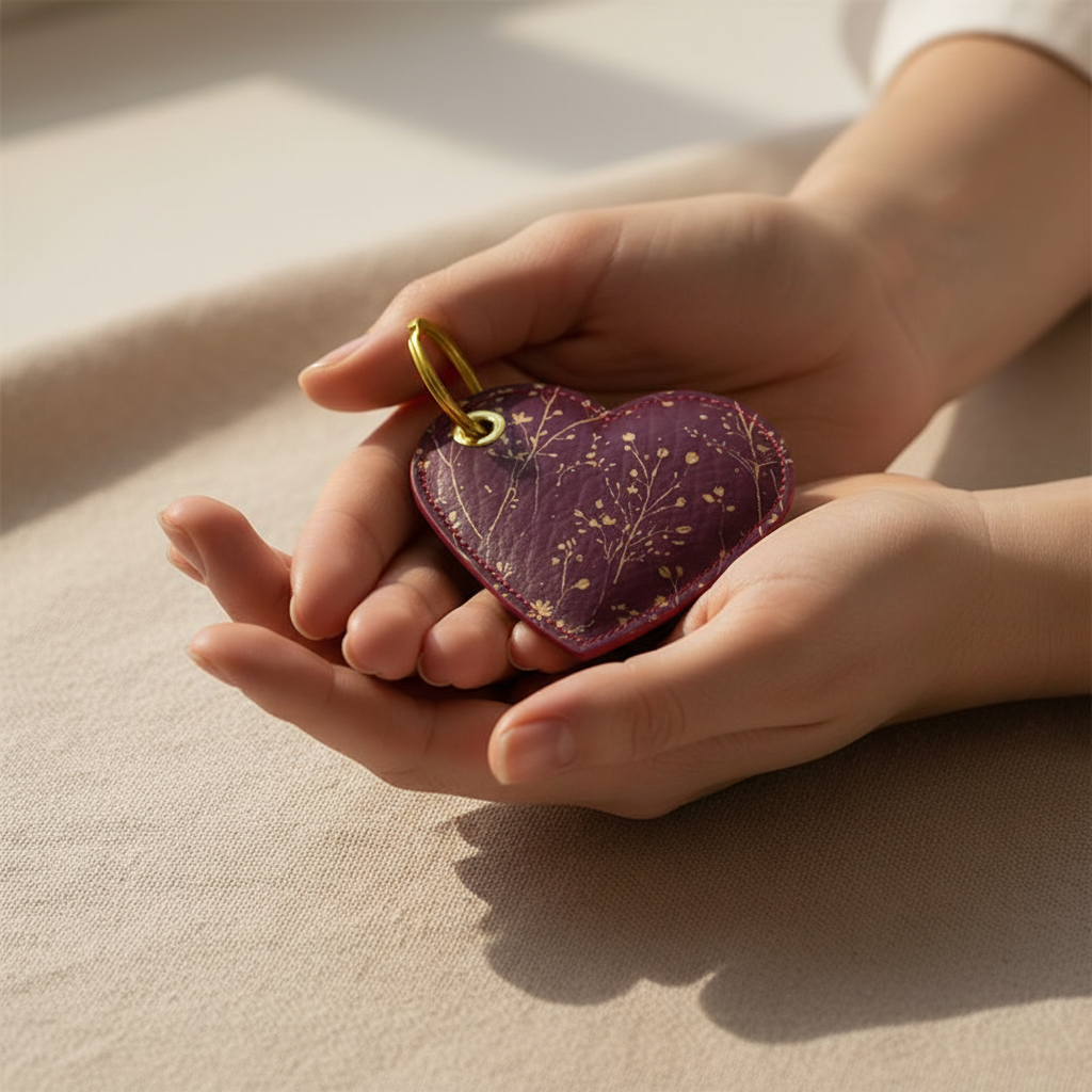 Heart-shaped keychain held in hands on a beige surface
