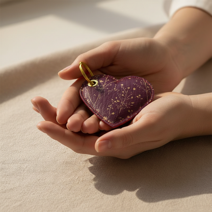 Heart-shaped keychain held in hands on a beige surface