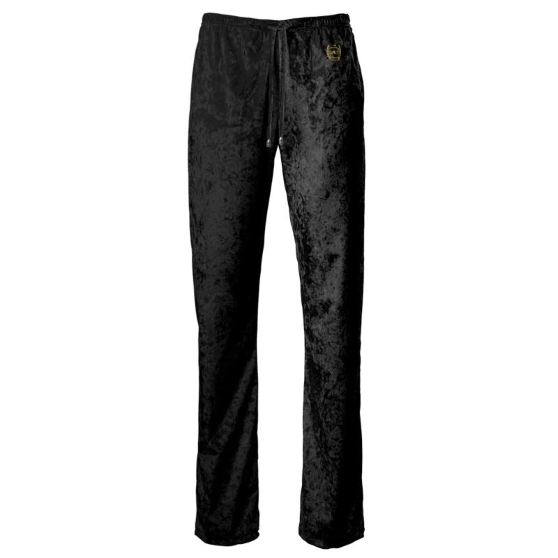 Front view of black crushed velour lounge trousers with an embroidered Soft Life Society™ ΣΛΣ crest in antique-gold thread on the upper left hip.