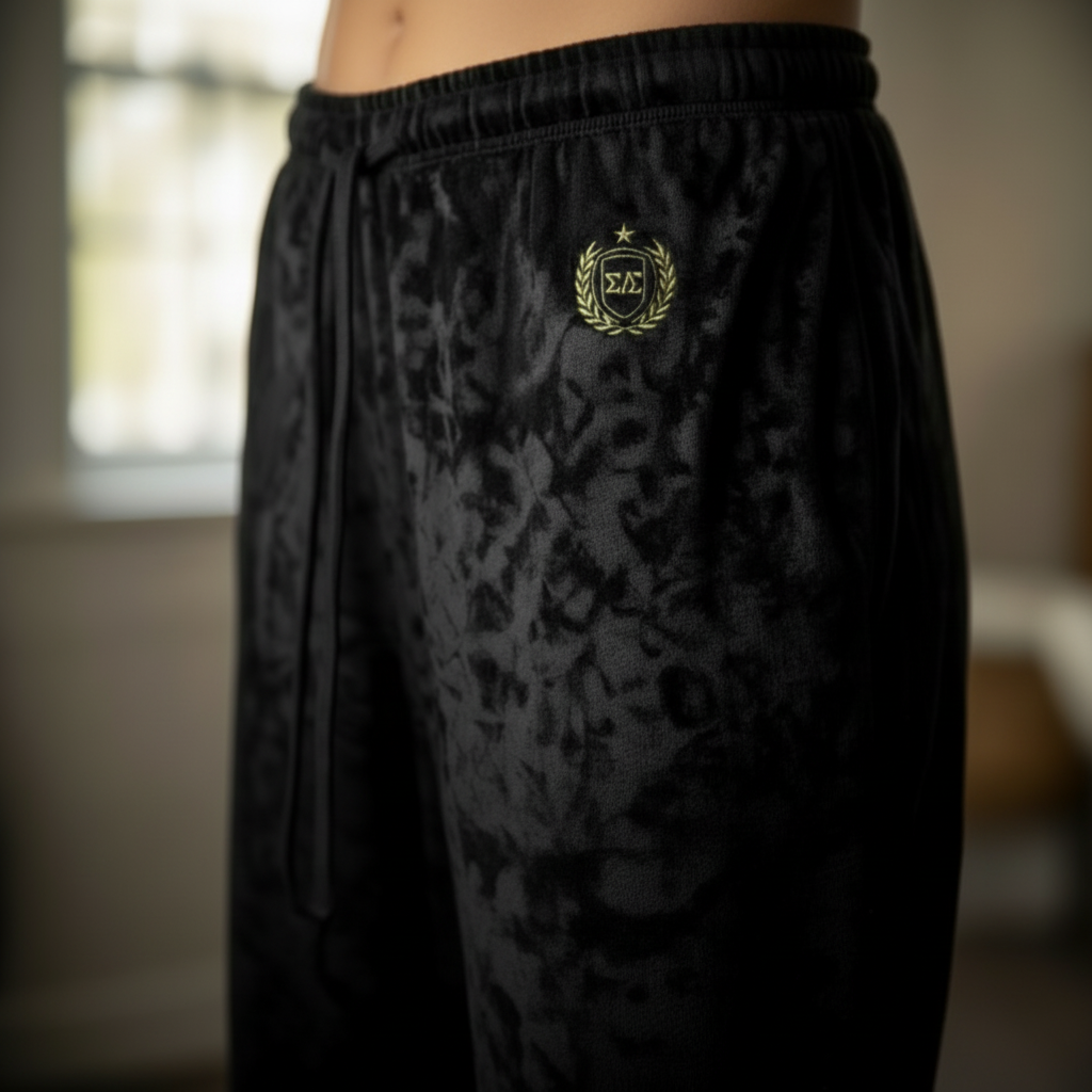 Close-up of Soft Life Society™ lounge trousers in black crushed velour, featuring a small antique-gold embroidered crest with ΣΛΣ Greek letters, symbolizing belonging, rest, and intentional living.