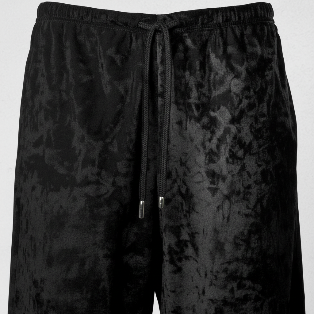 Close-up view of black velvet pants on a white background