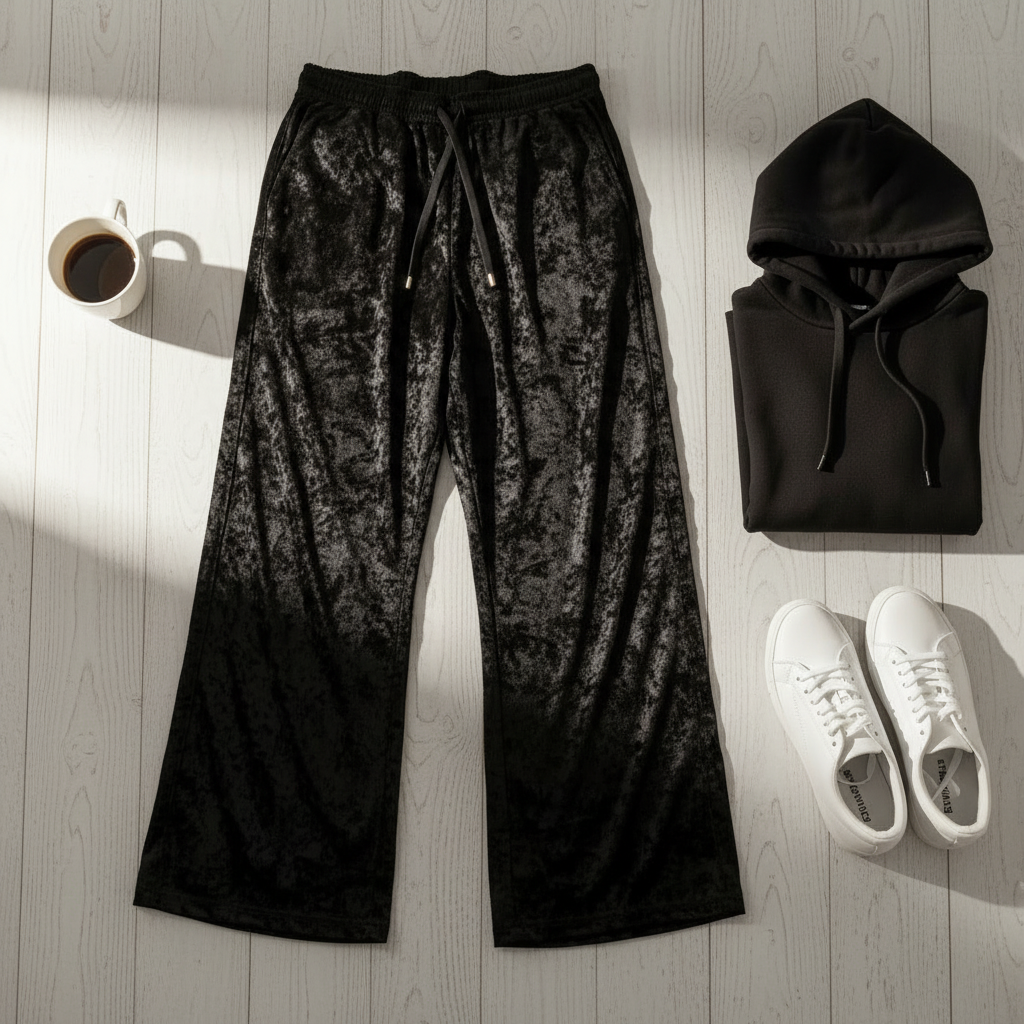Black velvet pants, black hoodie, white sneakers, and a coffee cup on a beige surface.