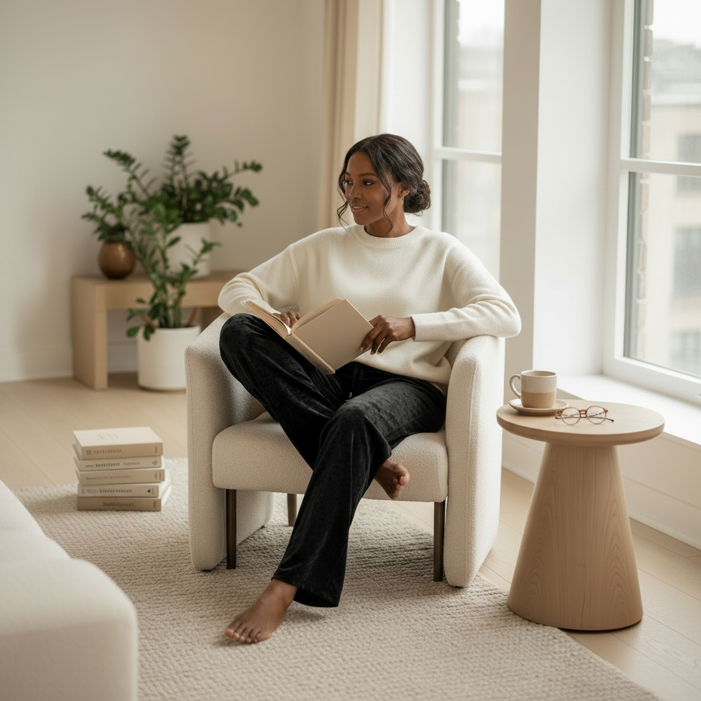 Woman wearing black velvet pants and cream top reading a book in a cozy living room.
