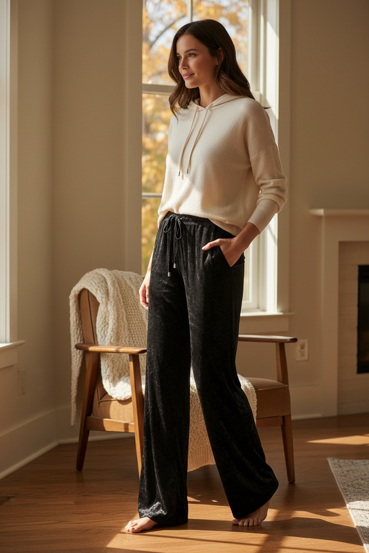 Woman in a white hoodie and black pants standing in a sunlit room with a fireplace.
