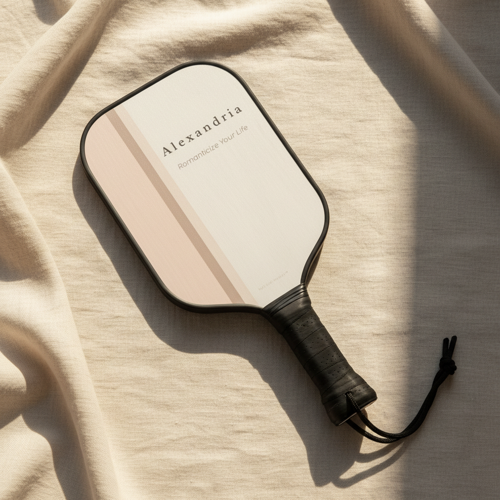Personalized neutral pickleball paddle with blush stripe design and name detail, styled on soft linen fabric in natural sunlight.