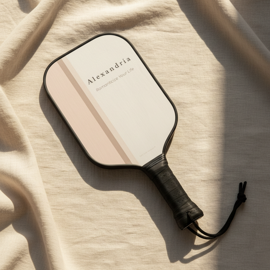 Personalized neutral pickleball paddle with blush stripe design and name detail, styled on soft linen fabric in natural sunlight.