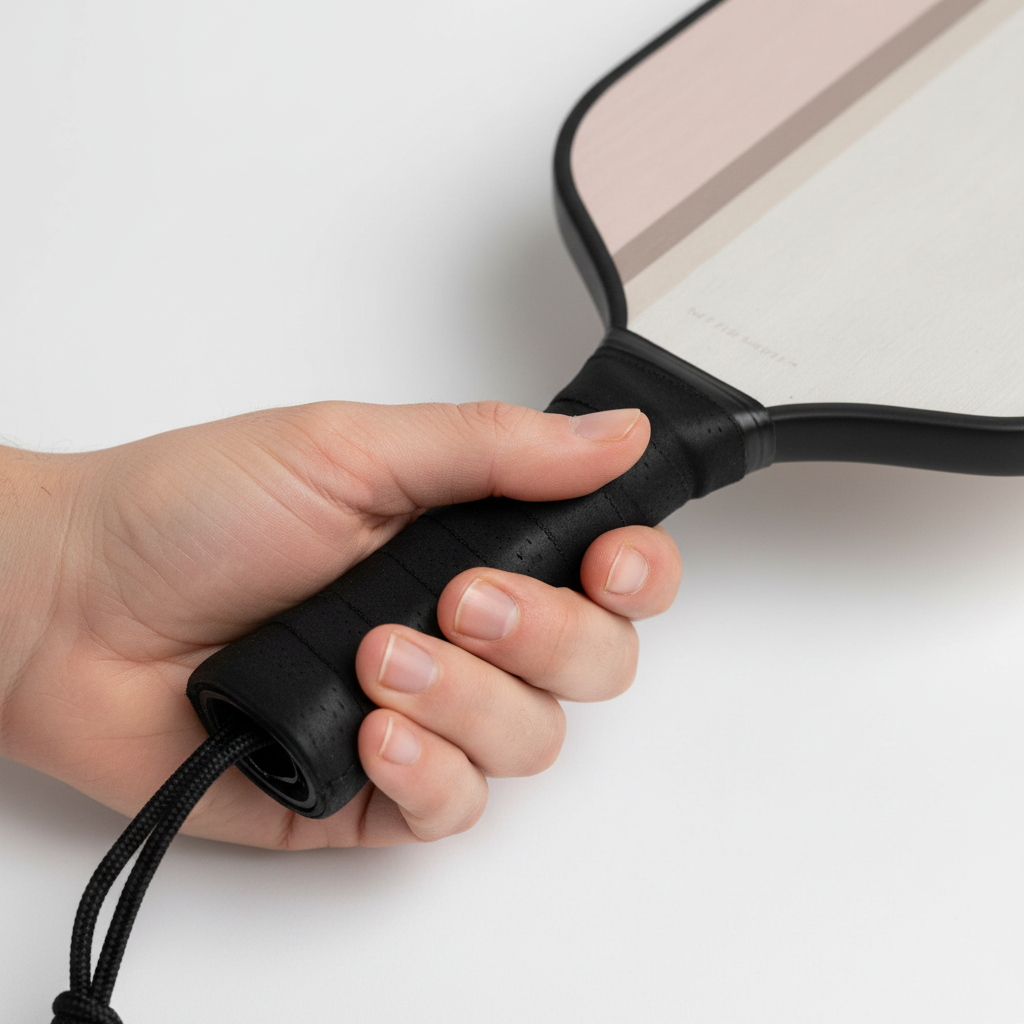Hand holding a black paddle with a white background