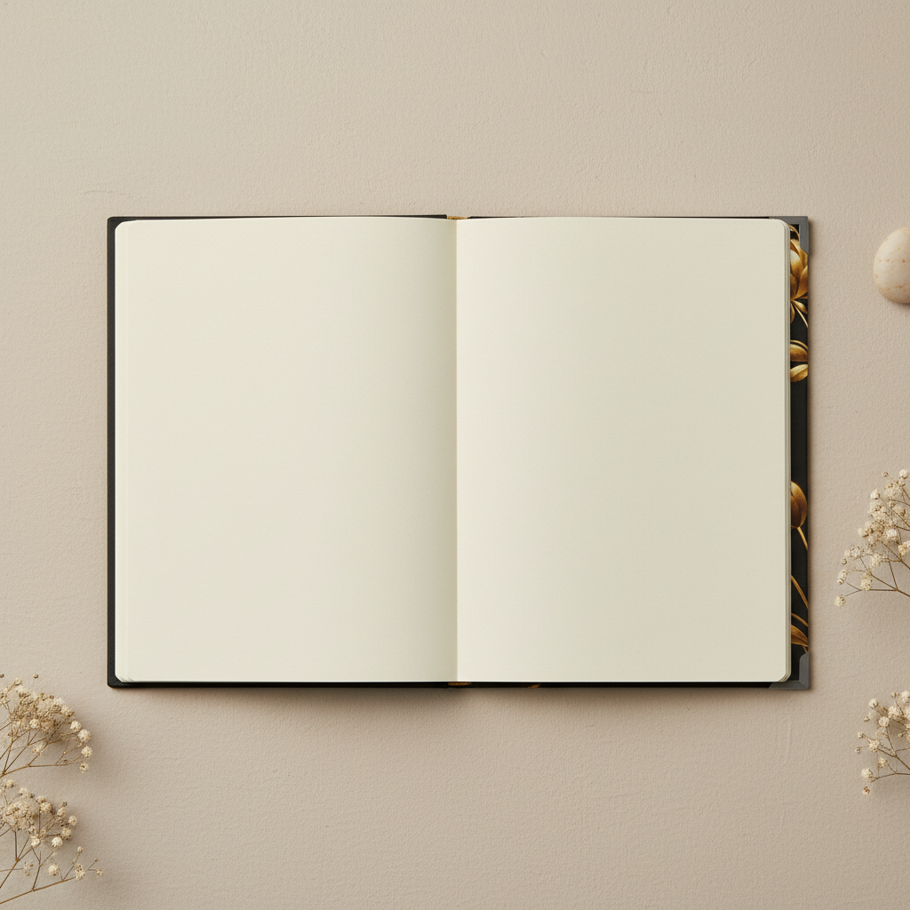 Open journal notebook on a beige surface with minimal decor