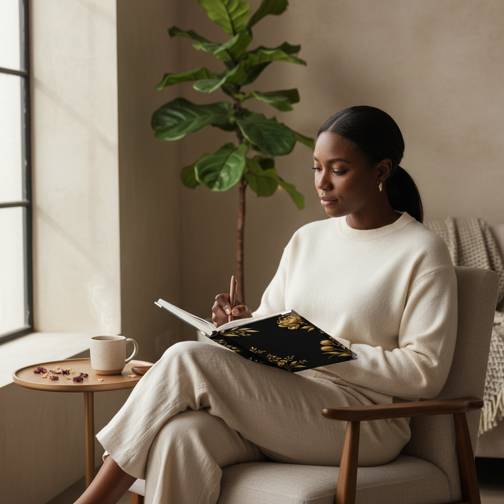 Woman reading a Soft Life Society premium black journal in a cozy room with a plant and a cup on a side table.