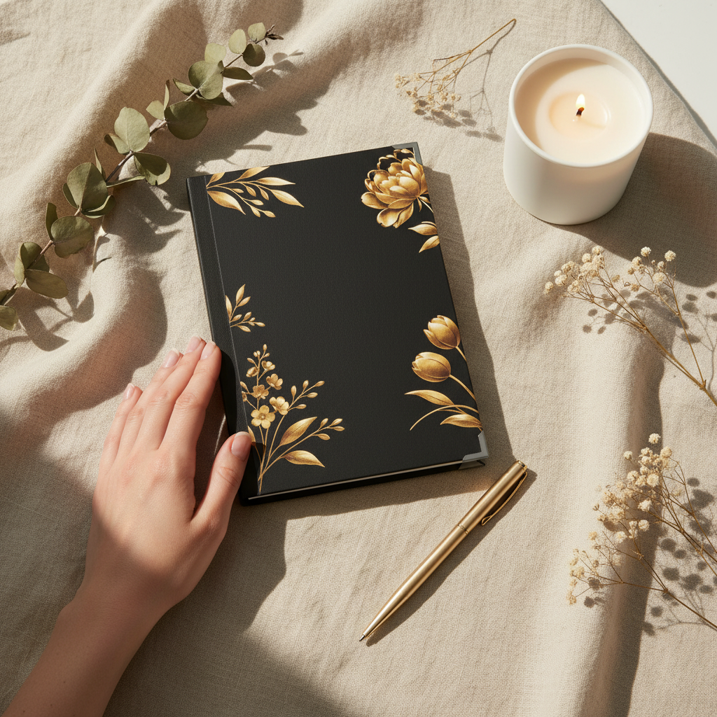 Black notebook with gold floral design on a beige fabric background with a hand, pen, and candle.