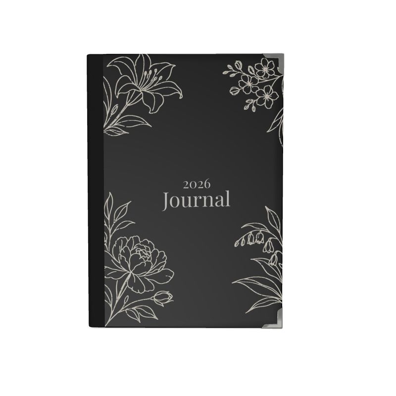 Black journal with floral designs and '2026 Journal' text on a white background