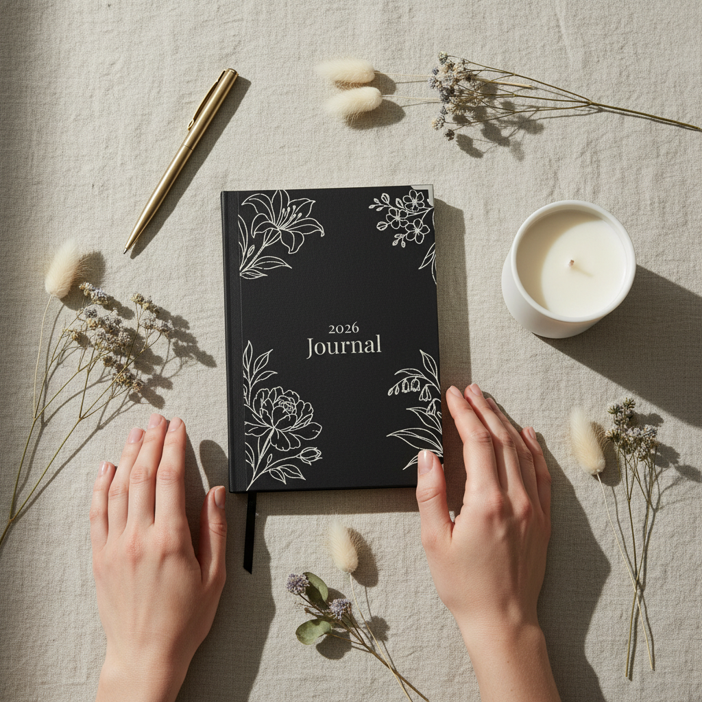Journal with floral design on a textured surface with hands and decorative elements.