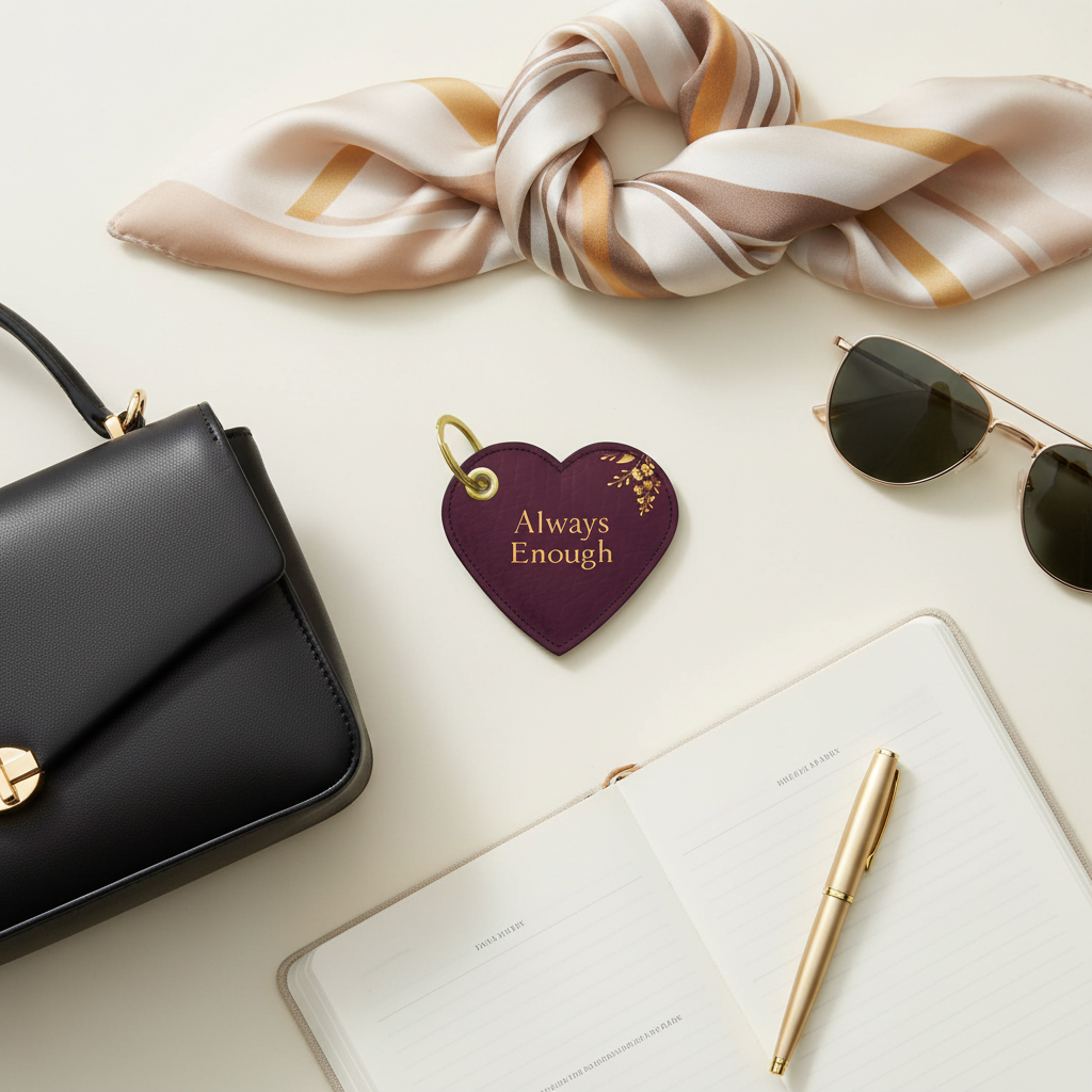 Heart-shaped keychain with 'Always Enough' text on a table with handbag, sunglasses, and pen.
