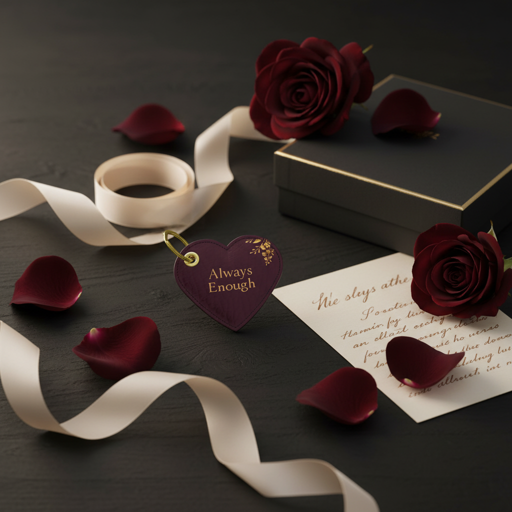 Wine heart leather keychain with gold “Always Enough” text styled as a Valentine’s gift with roses and ribbon