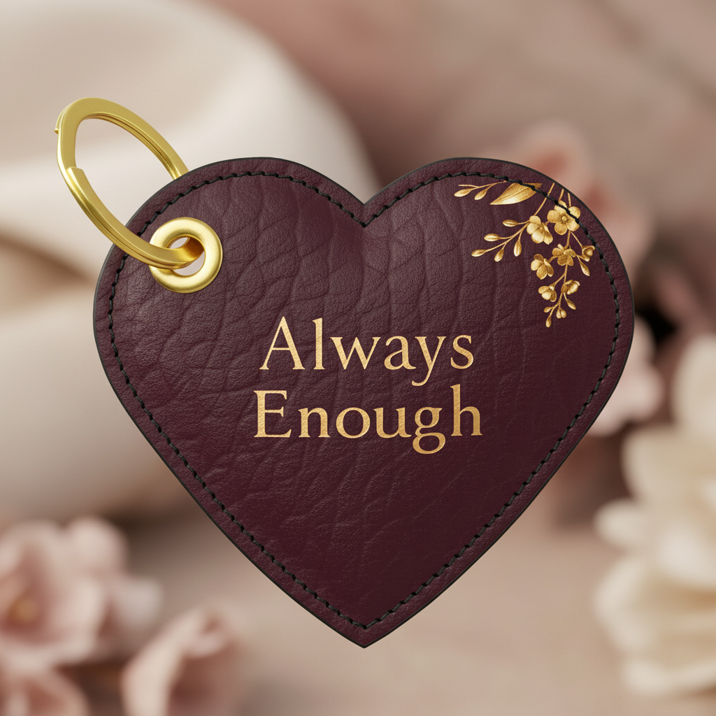 Heart-shaped keychain with 'Always Enough' text and floral design on a blurred background