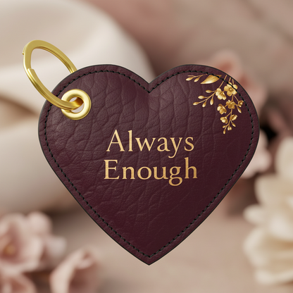 Heart-shaped keychain with 'Always Enough' text and floral design on a blurred background