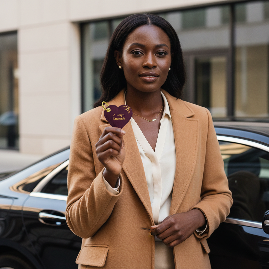 Elegant woman holding a wine leather heart keychain with gold “Always Enough” affirmation beside a luxury car