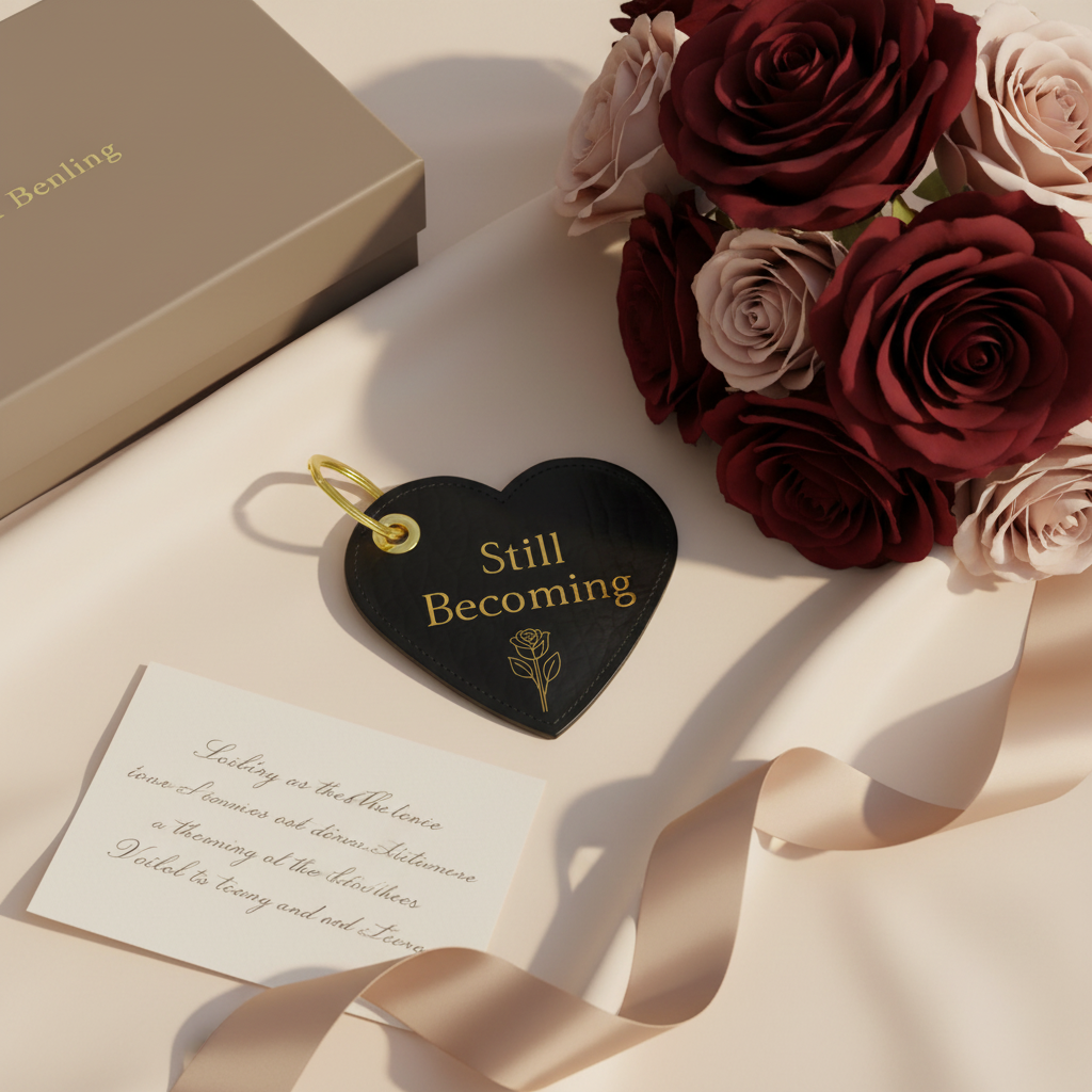 Heart-shaped 'Still Becoming' keychain with roses and a card on a light surface