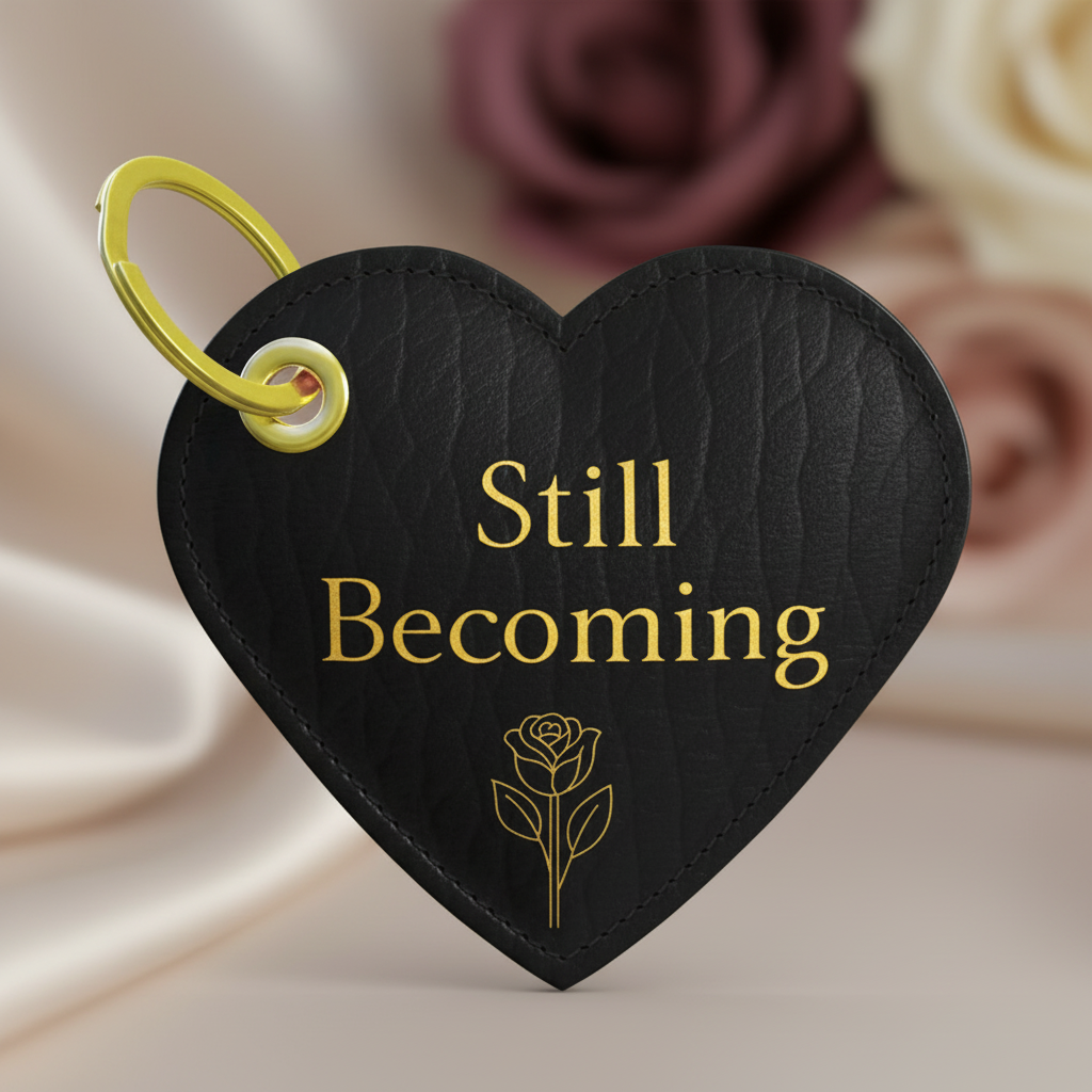 Black heart-shaped keychain with 'Still Becoming' text and a rose design, against a blurred floral background.