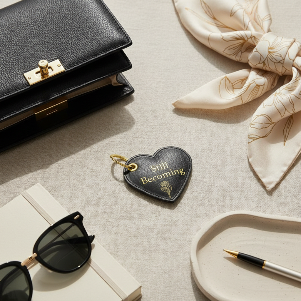 Heart-shaped keychain with 'Still Becoming' text on a table with sunglasses, pen, and handbag.