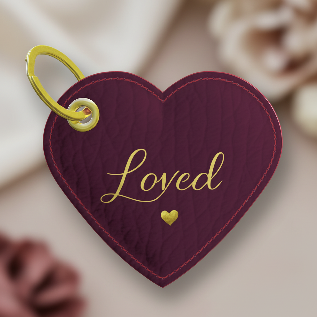 Heart-shaped keychain with 'Loved' text and gold heart on a blurred background