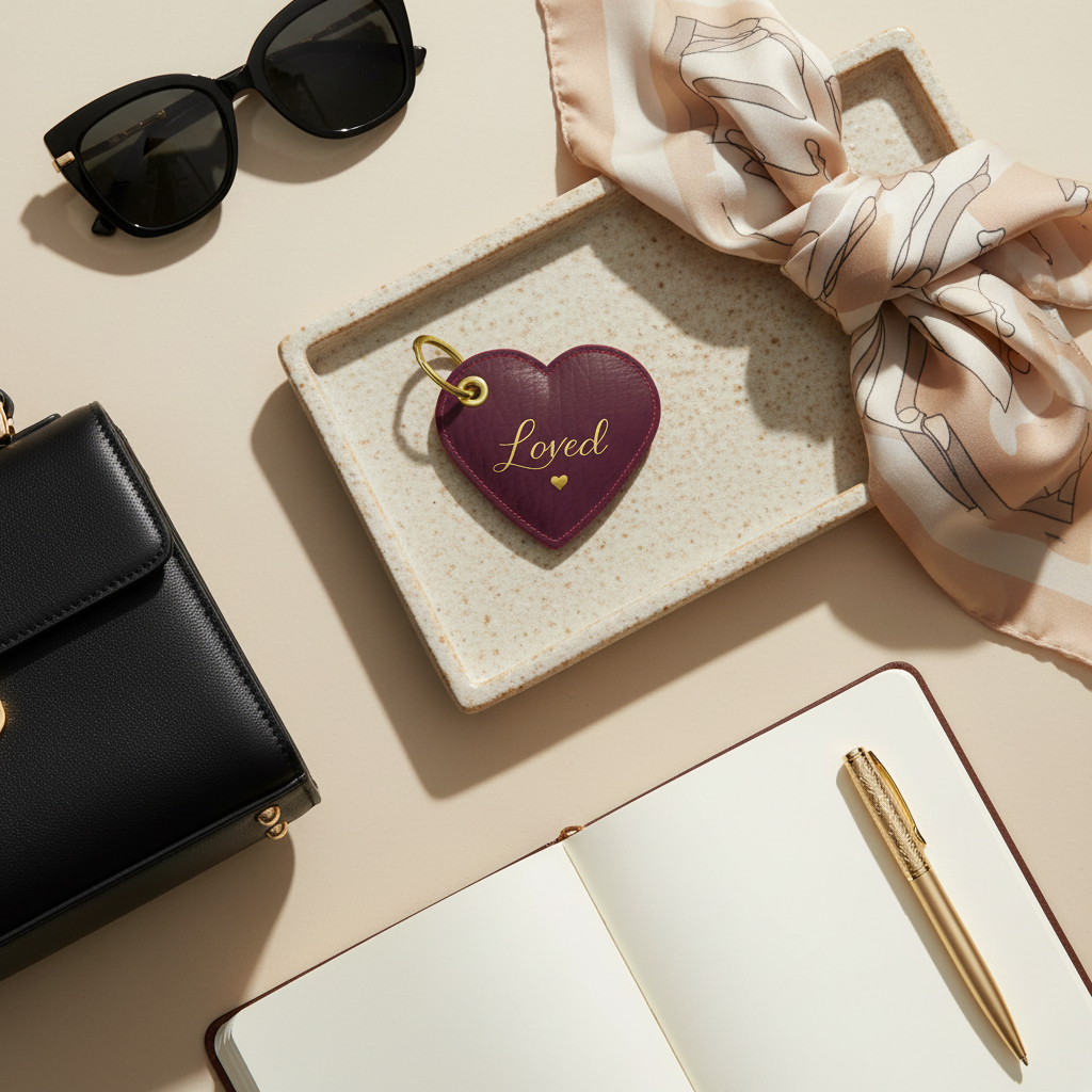 Heart-shaped leather keychain with 'Loved' engraving on a tray with sunglasses, handbag, and notebook.