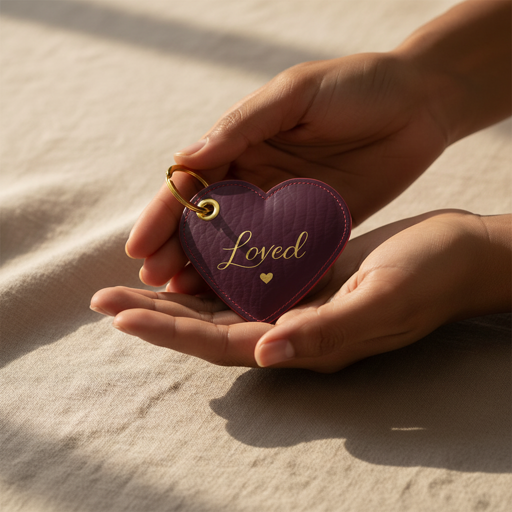 Heart-shaped keychain with 'Loved' on a person's palm