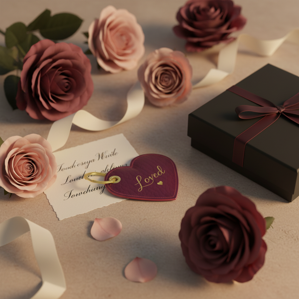 Gift box with a red ribbon, heart-shaped leather 'Loved' Soft Life Society keychain, and pink roses on a beige surface.