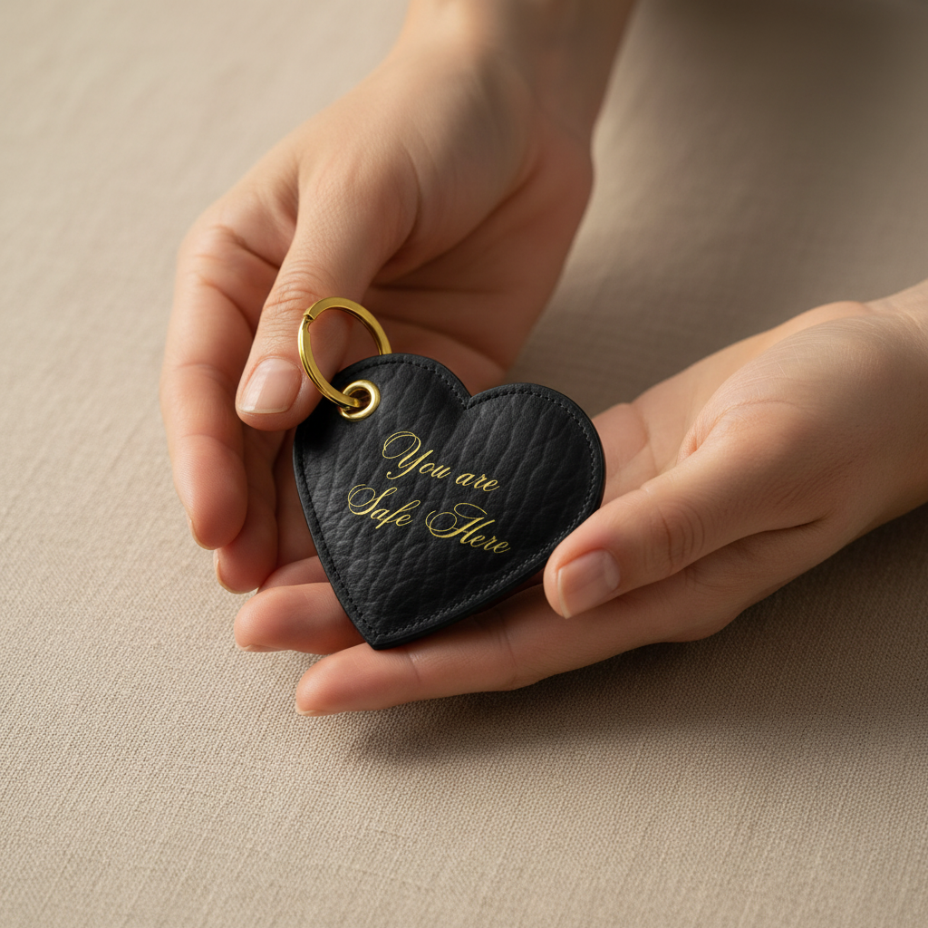 Heart-shaped keychain with 'You are the love' text held in a hand on a beige background
