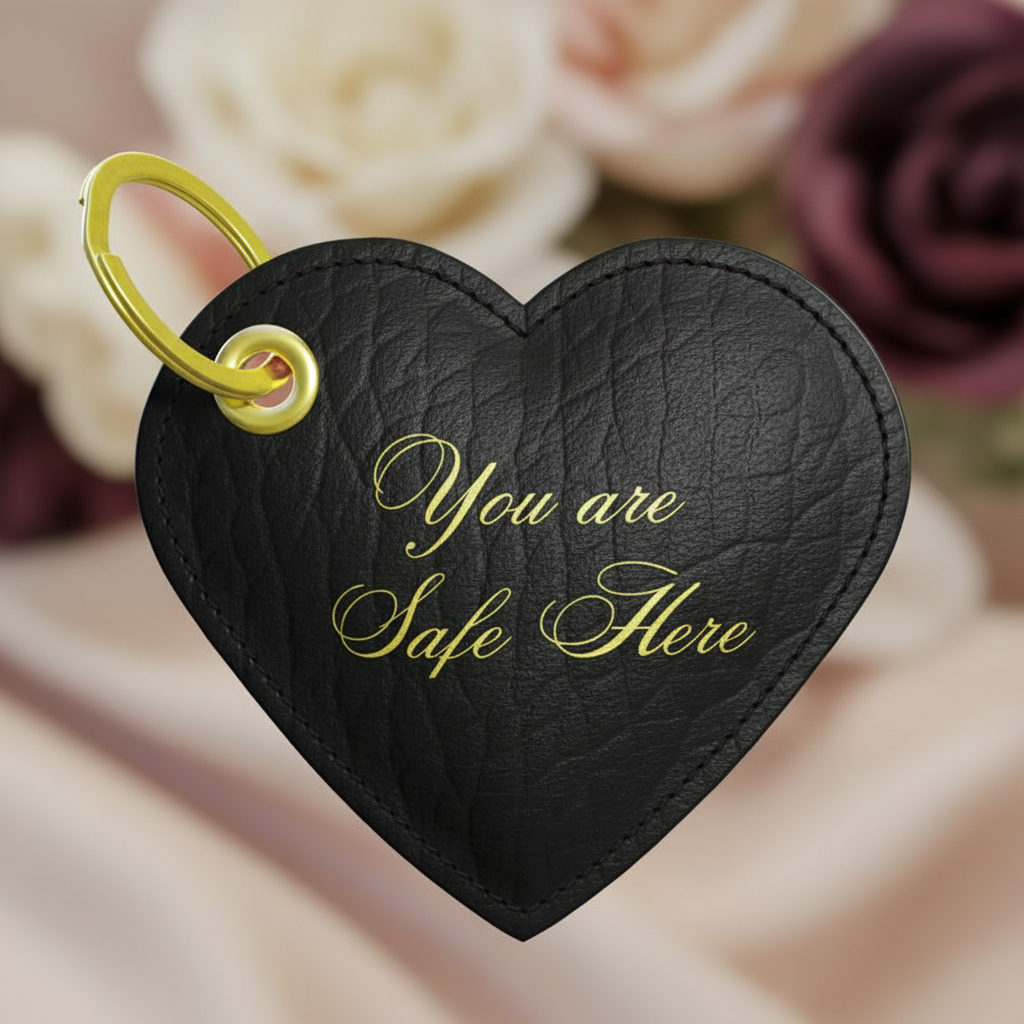 Heart-shaped black keychain with 'You are Safe Here' text, yellow carabiner, against a blurred floral background.