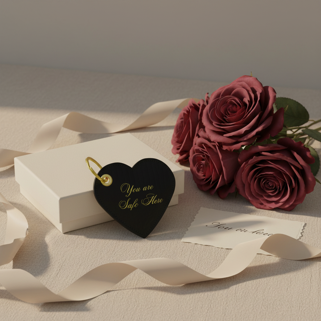 Red roses with a heart-shaped 'You are Safe Here' Heart Keychain on a beige surface