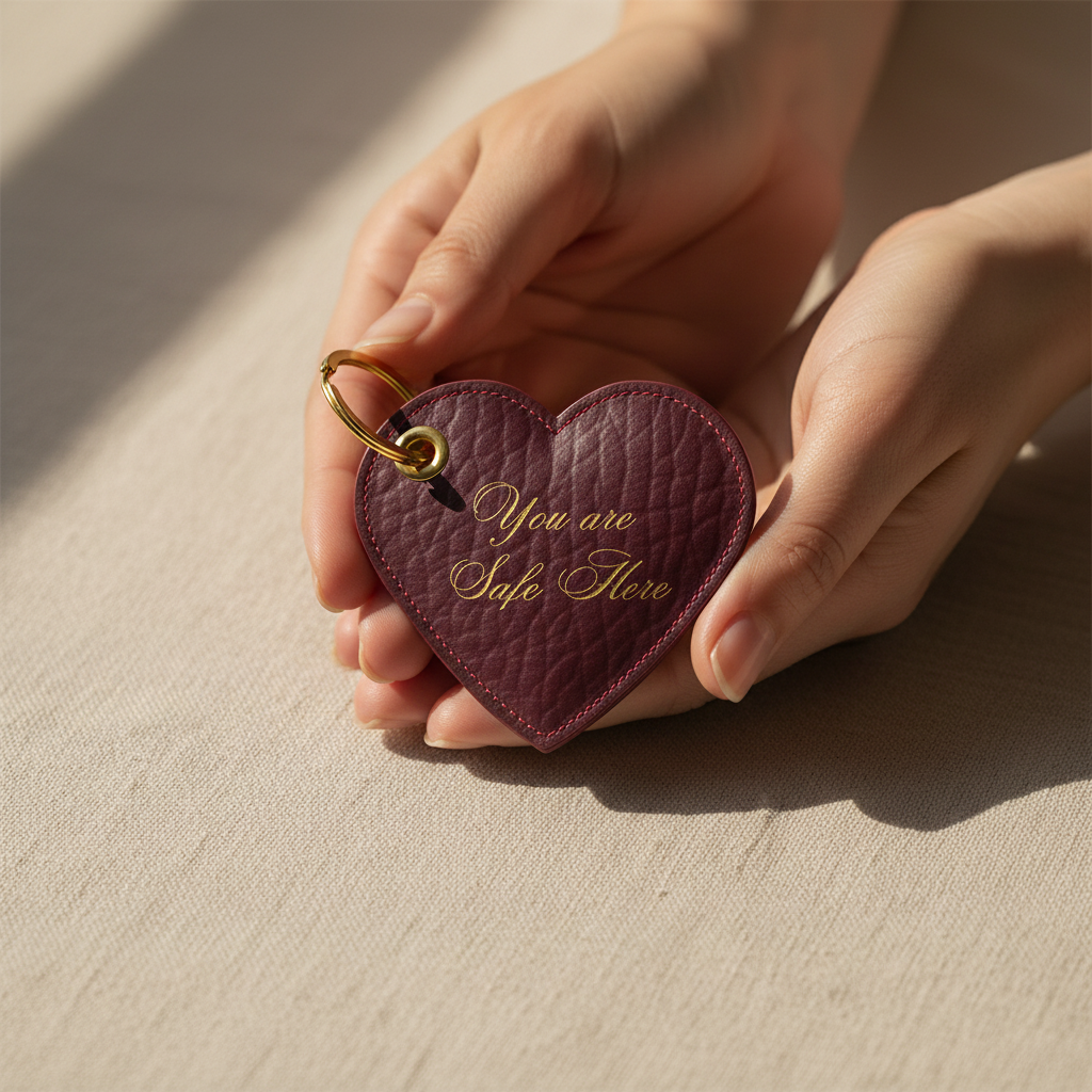 Heart-shaped keychain with 'You are Safe Here' text held by a hand on a beige surface