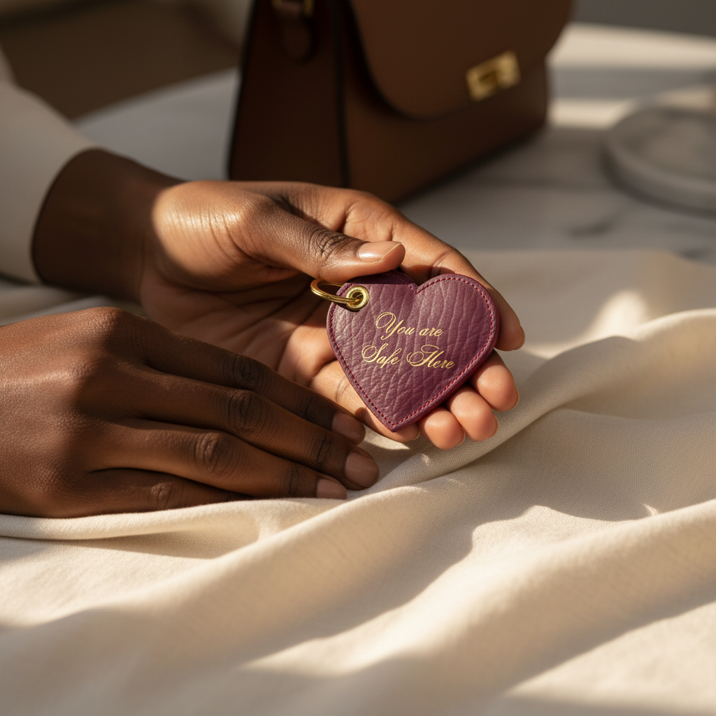 Heart-shaped keychain with engraved message held by a person on a neutral background