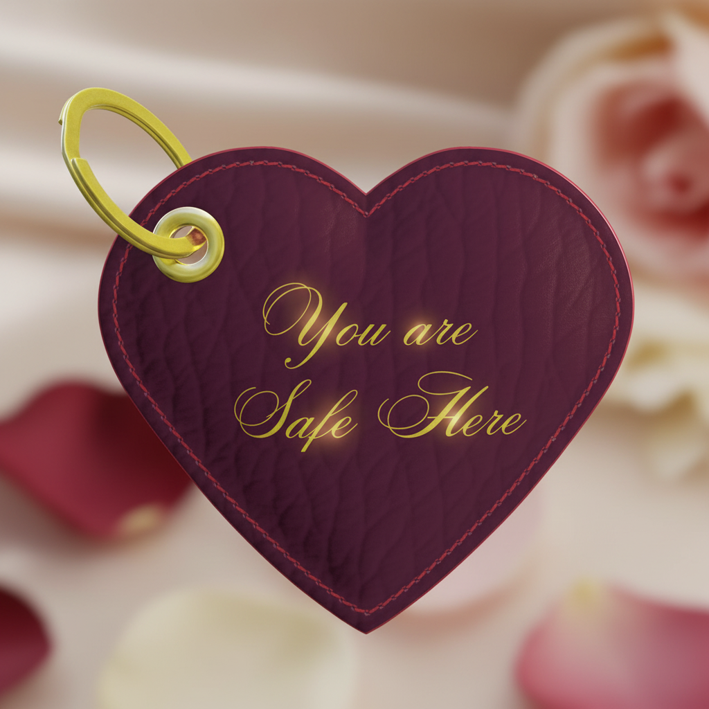 Heart-shaped keychain with 'You are Safe Here' text on a blurred floral background