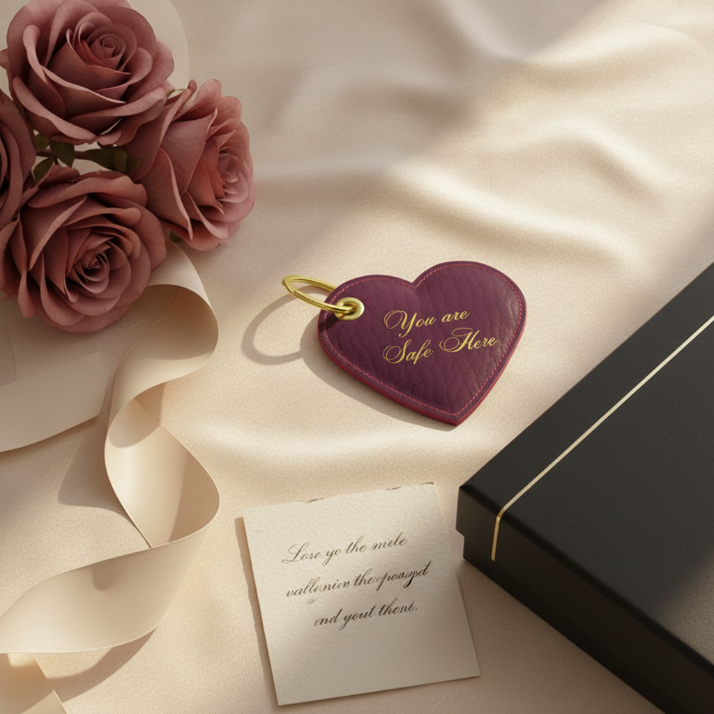 Heart-shaped keychain with 'You are Safe Here' message on satin fabric with roses and card.