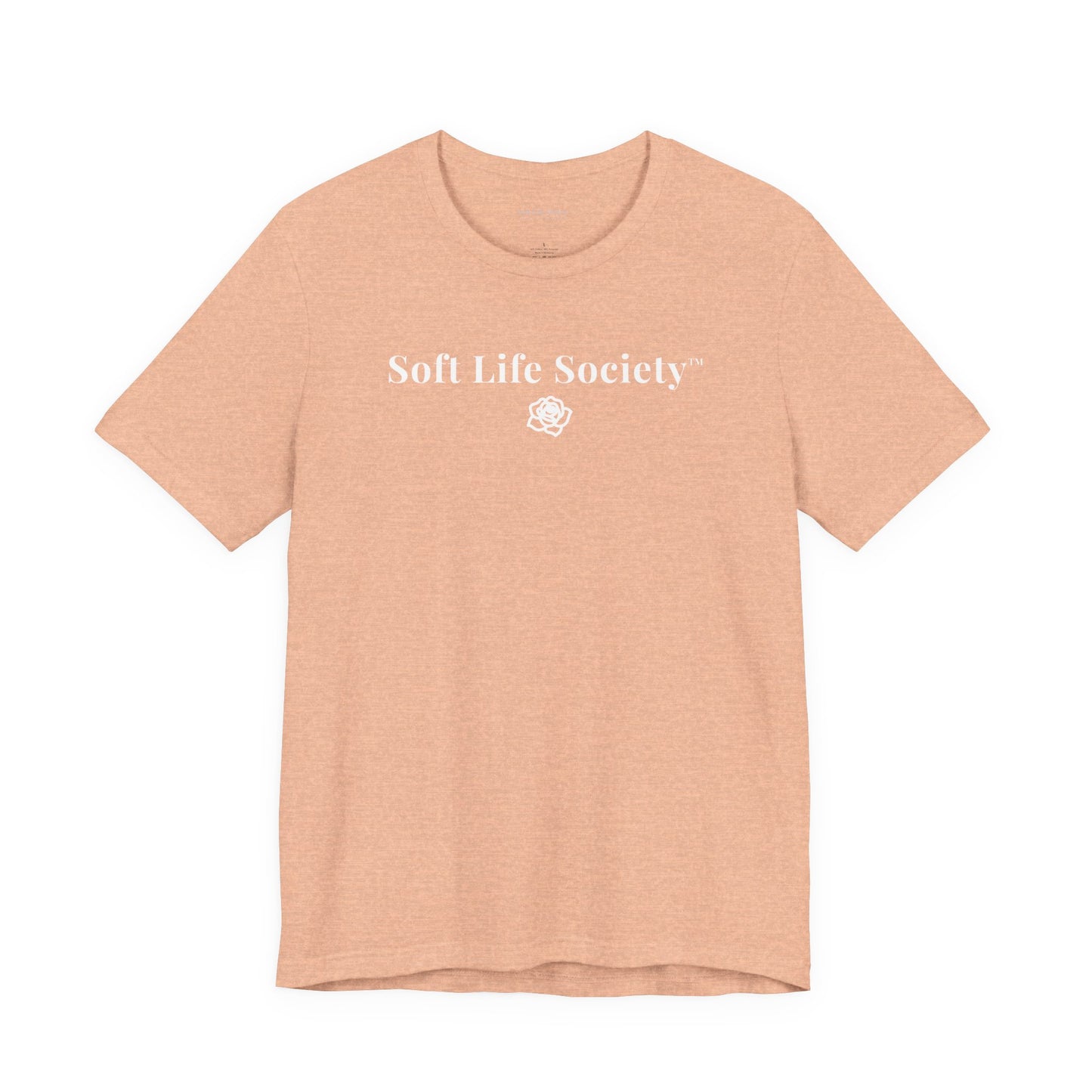 Soft Life Society peach t-shirt with white lettering and rose emblem, casual soft life tee