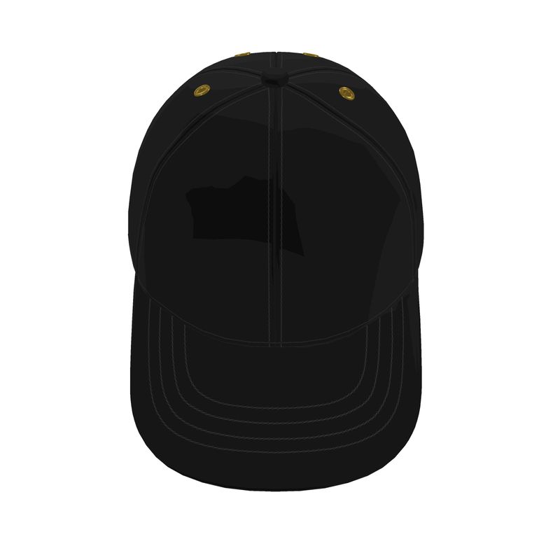 Black baseball cap with gold buttons on a white background