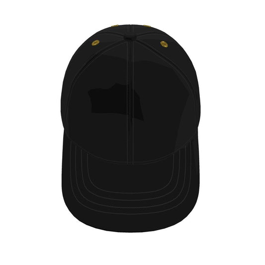 Black baseball cap with gold buttons on a white background
