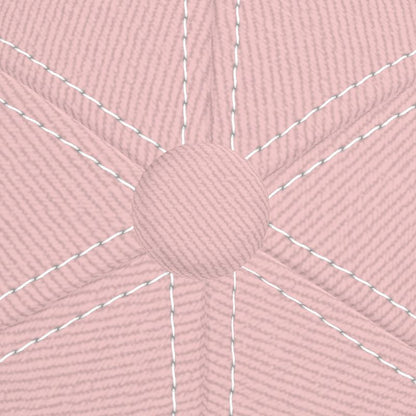 Close-up of top stitching and button detail on blush pink six-panel baseball cap