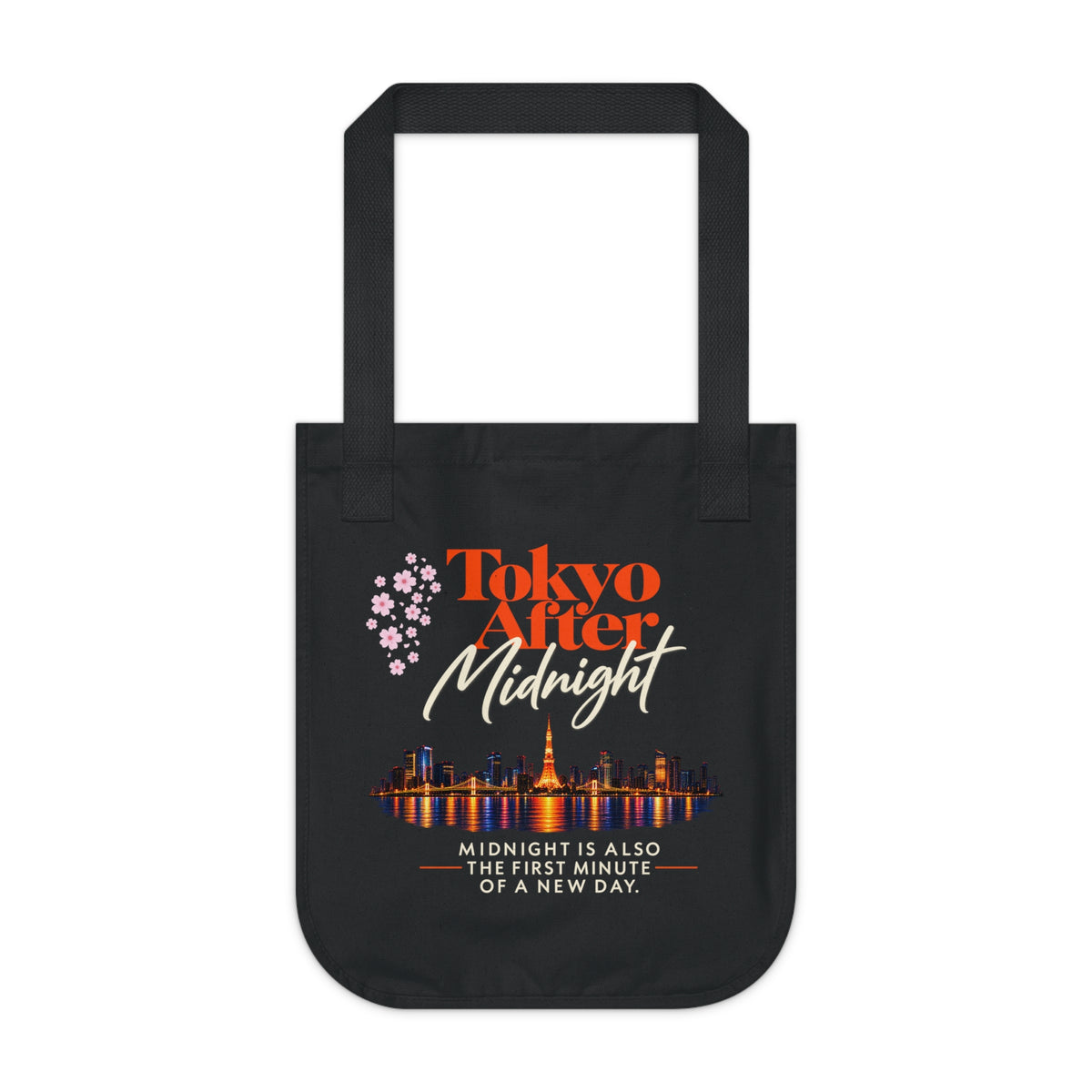 Front view of the Tokyo After Midnight black organic cotton tote featuring title artwork, cherry blossoms, Tokyo skyline, and reader quote.