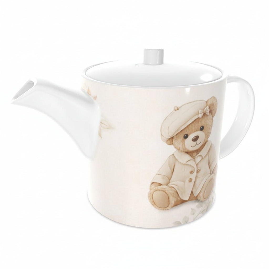 Teapot with a teddy bear design on a white background